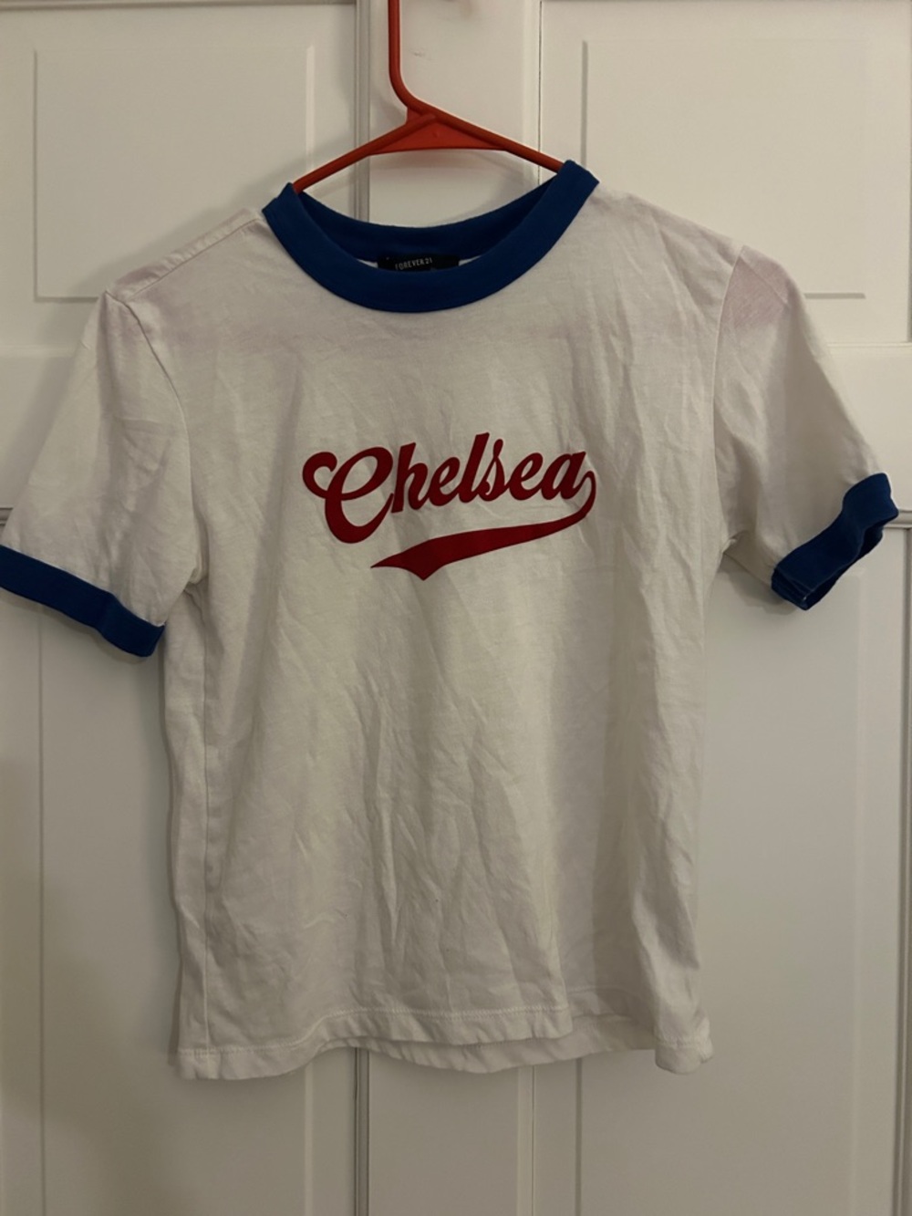 Forever 21 White Ringer Tee with Blue Trim and Red Chelsea Script